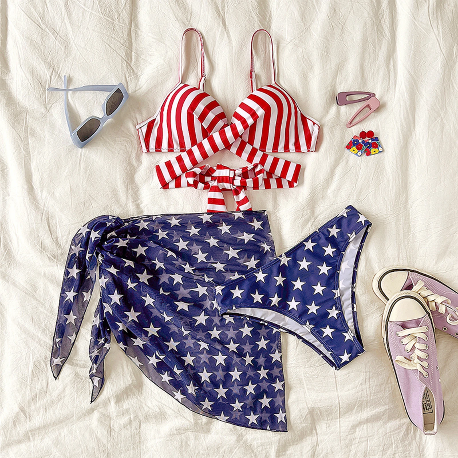 المرأة ستار مجموعة البكيني مخطط الصليب السباغيتي حزام طباعة بلايز السراويل الشاطئ التستر تنورة 3 قطعة ثوب السباحة الزي
