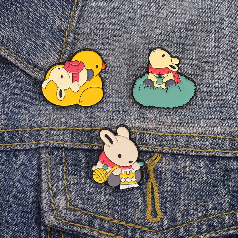 Rabbit Enamel Pin Cute Healing Style Bunny Knitting Resting Playing with Duck Toy Brooches for Backpack Jacket Gift