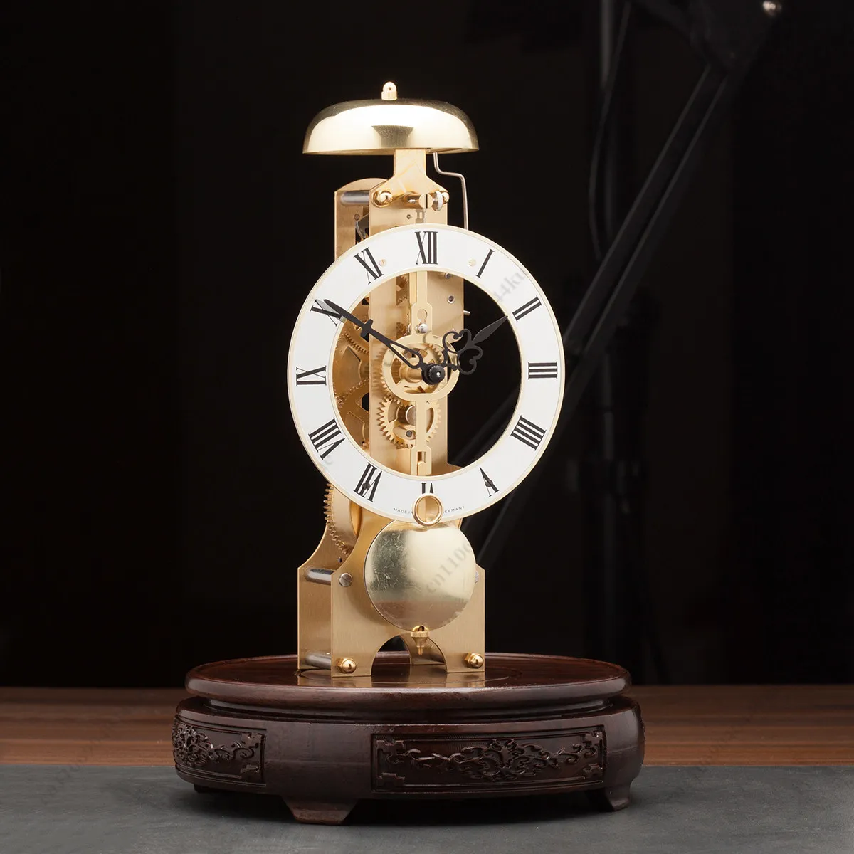 European Style Pure Copper Mechanical Desk Clock with Skeleton Movement, Time Chime Function for Home Decoration