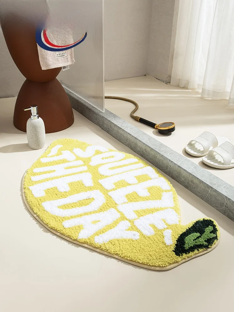 Lemon Shaped Anti-Slip Plush Floor Mat Bathroom Bedroom Home Use Water Absorbent Door Mat Vibrant Yellow Non-Slip Rug