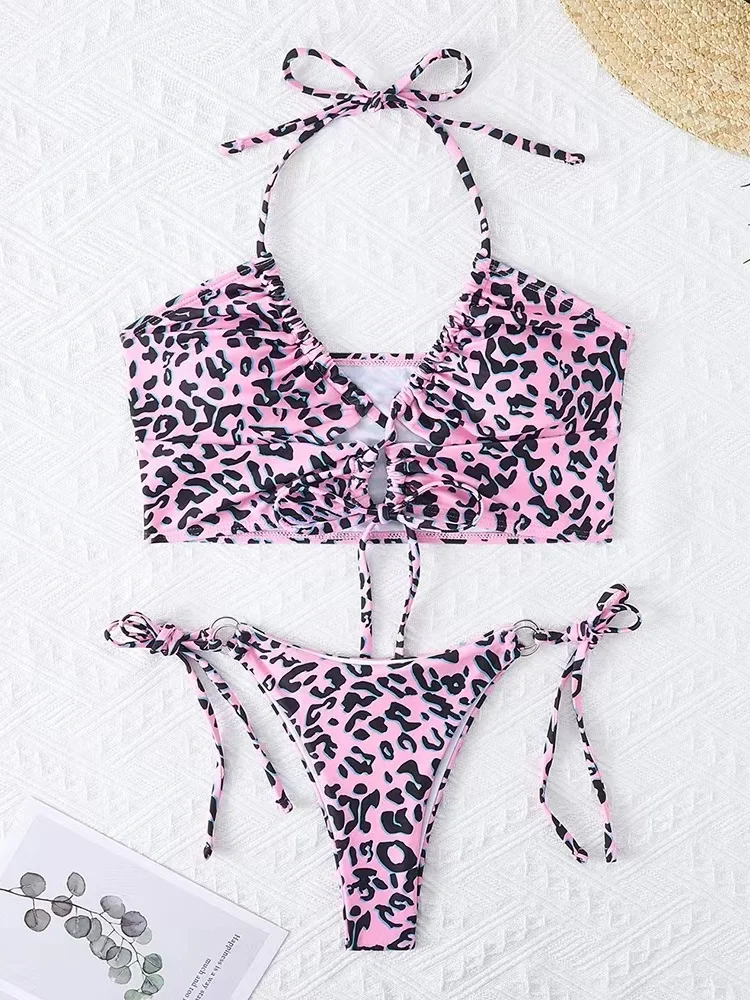 Bikini Damski Strój Kąpielowy 2025 Nowy Leopardowy Top typu Halter Zestaw Bikini Sexy Wysoki Stan Kostium Kąpielowy Letnia Odzież Plażowa Strój Kąpielowy Damski