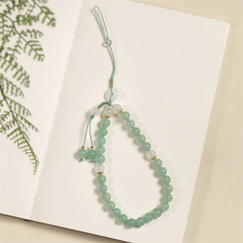 

Vintage Chinese Jade Inspired Green Chalcedony Phone Accessory Charm with Wrist Strap for Mobile Devices