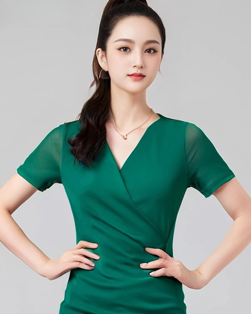 Tops de baile latino para mujer, vestidos de noche con cuello en V, camiseta de manga corta con volantes, Top de baile moderno, ropa de práctica de Samba, novedad de 2025