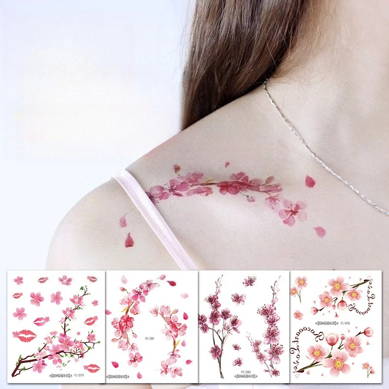 New Cross-border Waterproof Cherry Blossom Collarbone Tattoo Sticker, Goddess's Little Fresh Flower Tattoo Sticker, Ins Tattoo