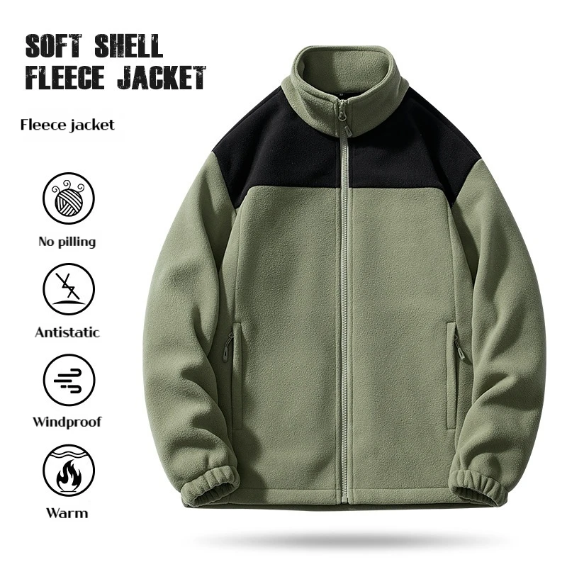 

Men's Outdoor Fleece Jacket Zip Up Color Block Pullover Warm Fluffy Thermal Lining Winter Thick Fleece Coat Male Casual Sports