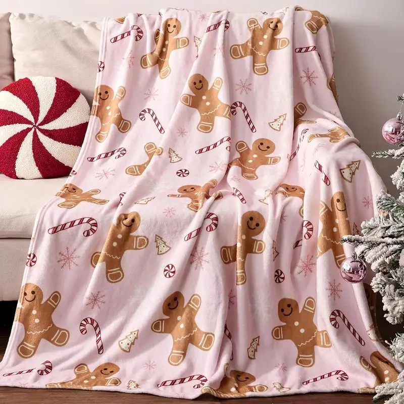 VIKAMA Christmas Throw Blanket Gingerbread Candy Cane Snowflake Pink Soft Flannel Fleece Couch Blanket Holiday Home Decor