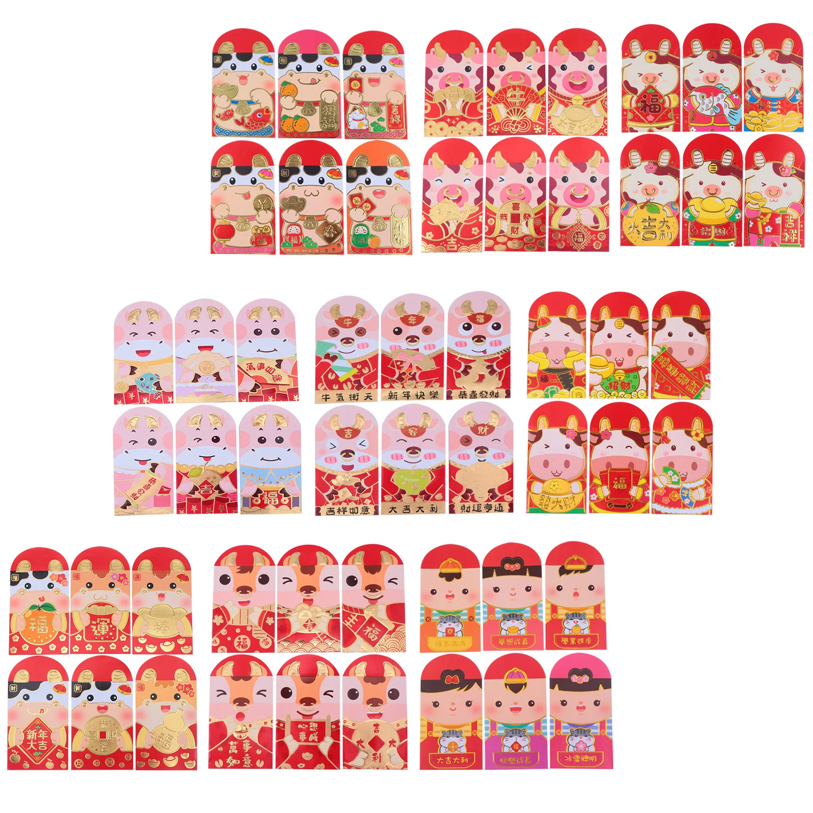 54Pcs Cartoon Ox Year Red Envelopes Paper Red Packets Chinese New Year Money Bag Gift Packets Money Bags Gift Bags