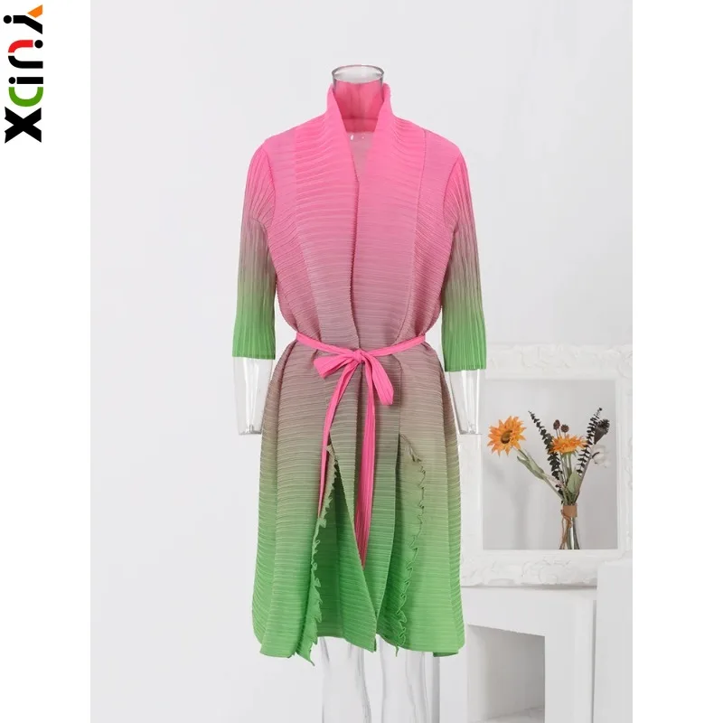 

YUDX Miyake Elegant Pleated Gradient Women's Dress Scarf Collar Belt Color Block Mid Length Dresses Fashion 2024 Spring New