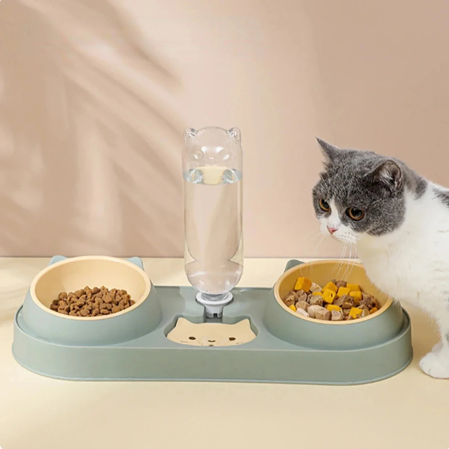 Detachable Double Tilted Cat Bowls with Water Dispenser - Premium Indoor Pet Food Dishes for Wet and Dry Food - Easily Accessibl