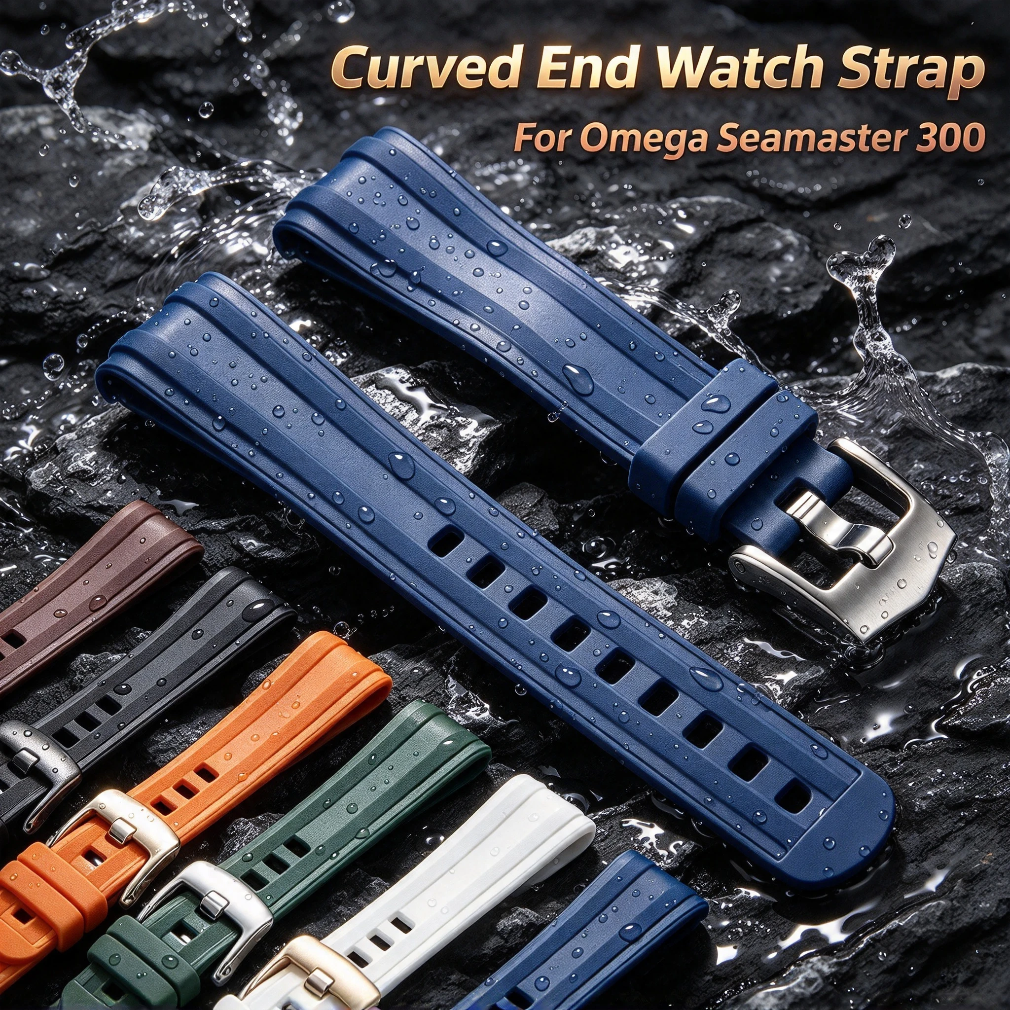 20mm Curved End Silicone Watch Strap, Waterproof Diving Rubber Replacement Band for Omega Seamaster 300 Sport Watch Accessories
