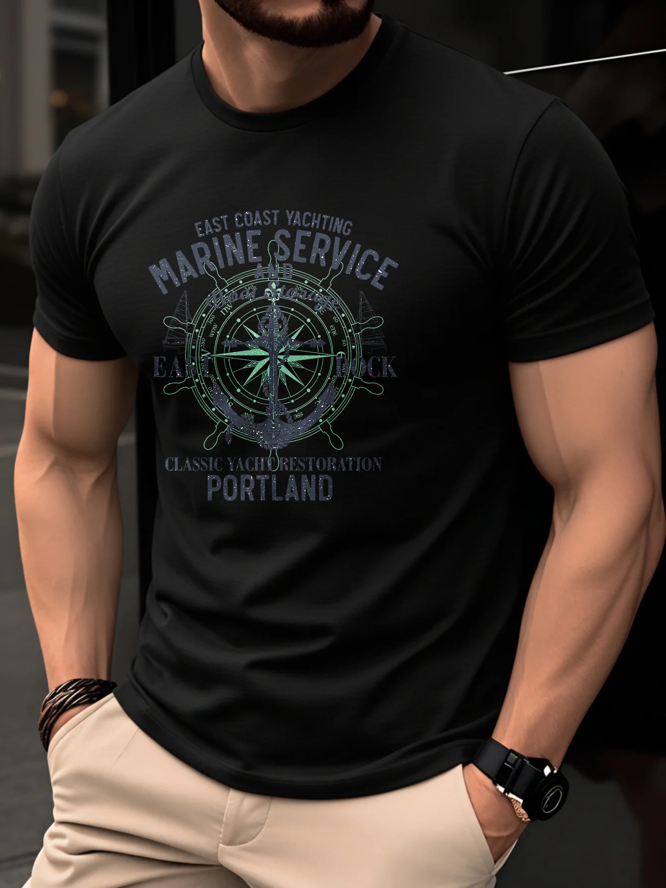 Summer 100% pure cotton men's fashionable casual retro boat anchor letter printed pattern round neck short sleeved T-shirt top