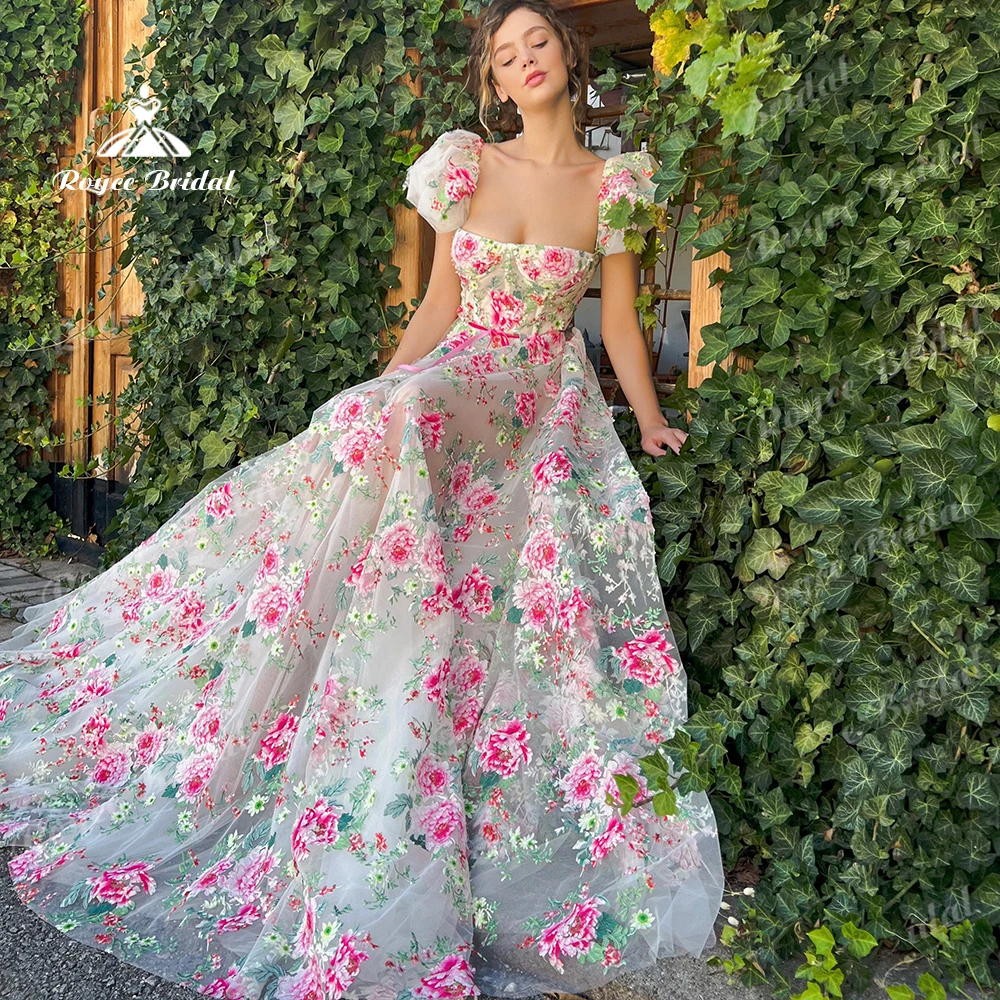 

Pink Floral High Slit Prom Dress Strapless Evening Dress Puff Short Sleeve Tulle A‑Line Women's formal evening gowns Customized