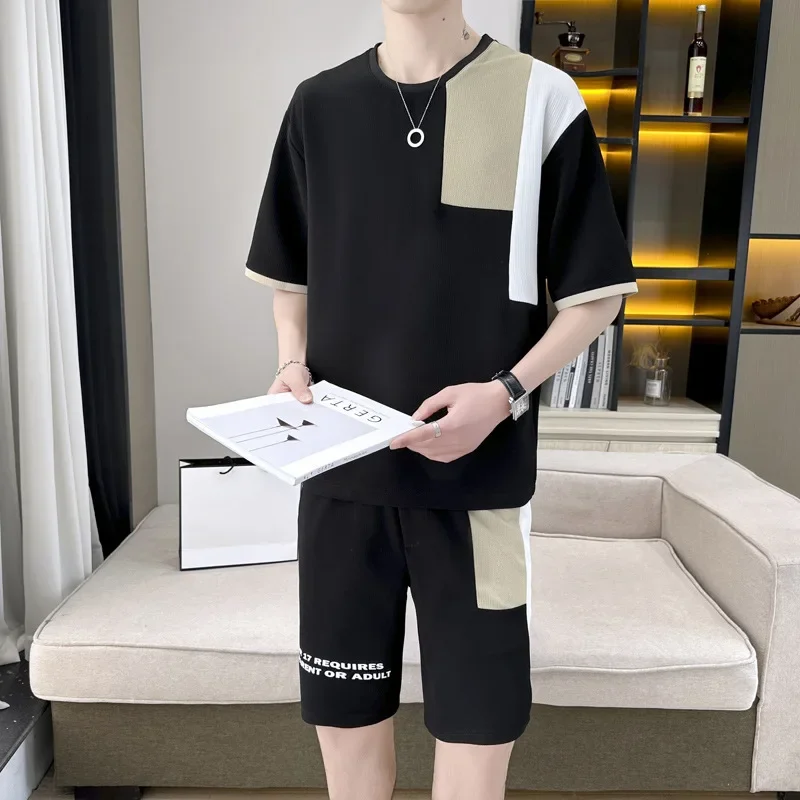 2024 Summer New Men\'s Suit  Summer New Fashion Short-sleeved Color Matching Thin Breathable