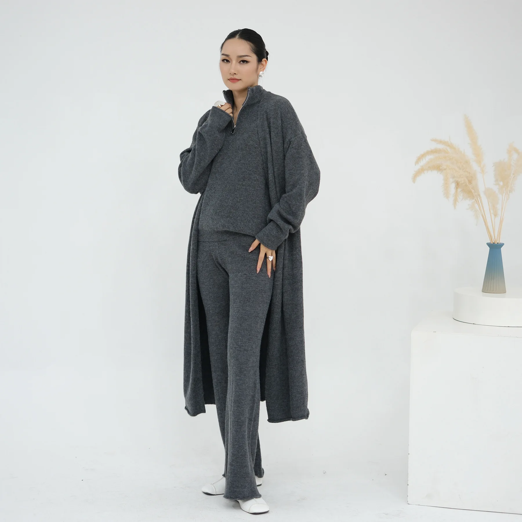 

3PCS Women Muslim Sweater Sets Top Knitted Long Cardigan Pants Suits Dress Dubai Abaya Turkey Kaftan Femme Musulmane Ensembles