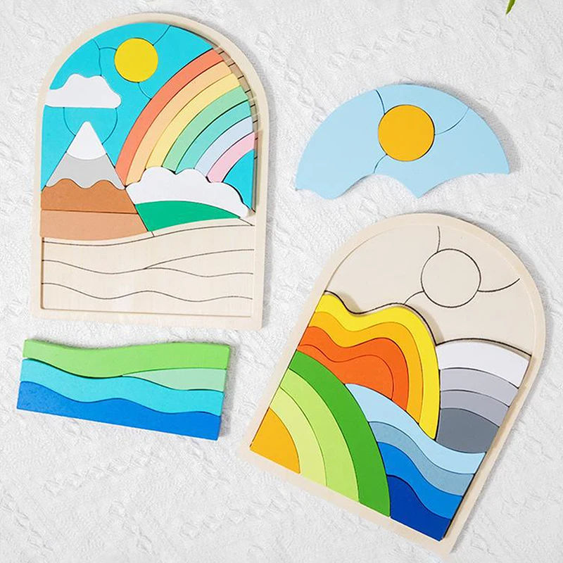 [JT]1Pc Wooden Rainbow Blocks Puzzle Rainbow Irregular Puzzles Early Educational Puzzle Toys Shape And Color Cognitive Toys