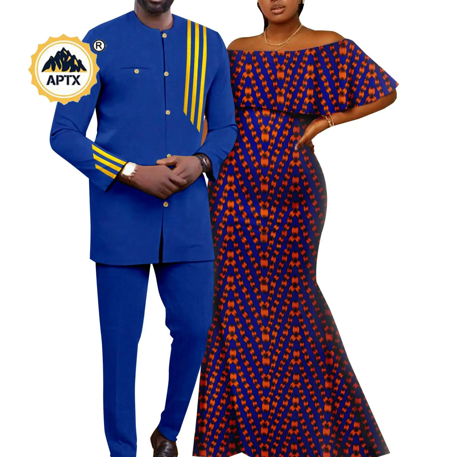 

African Matching Outfit for Couples Dashiki Women Print Long Dresses Bazin Men Patchwork Striped Top Shirt and Pant Sets Y23C048