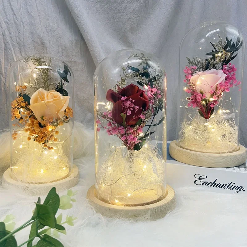 2024 Romance Artificiales Flower In Glass Dome Beauty And Beast Rose Battery Birthday Valentine's Day Present Gift Eternal Rose