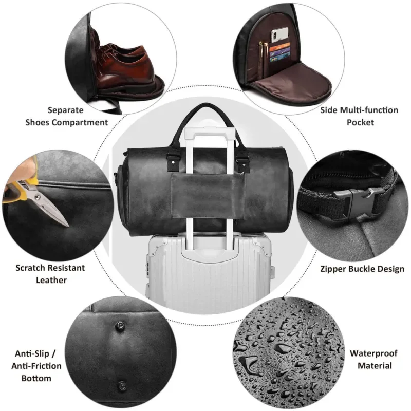 For Men Suit Carrying Bag Travel Leather Clothing Duffel Convertible Suitcase with Shoe Compartment