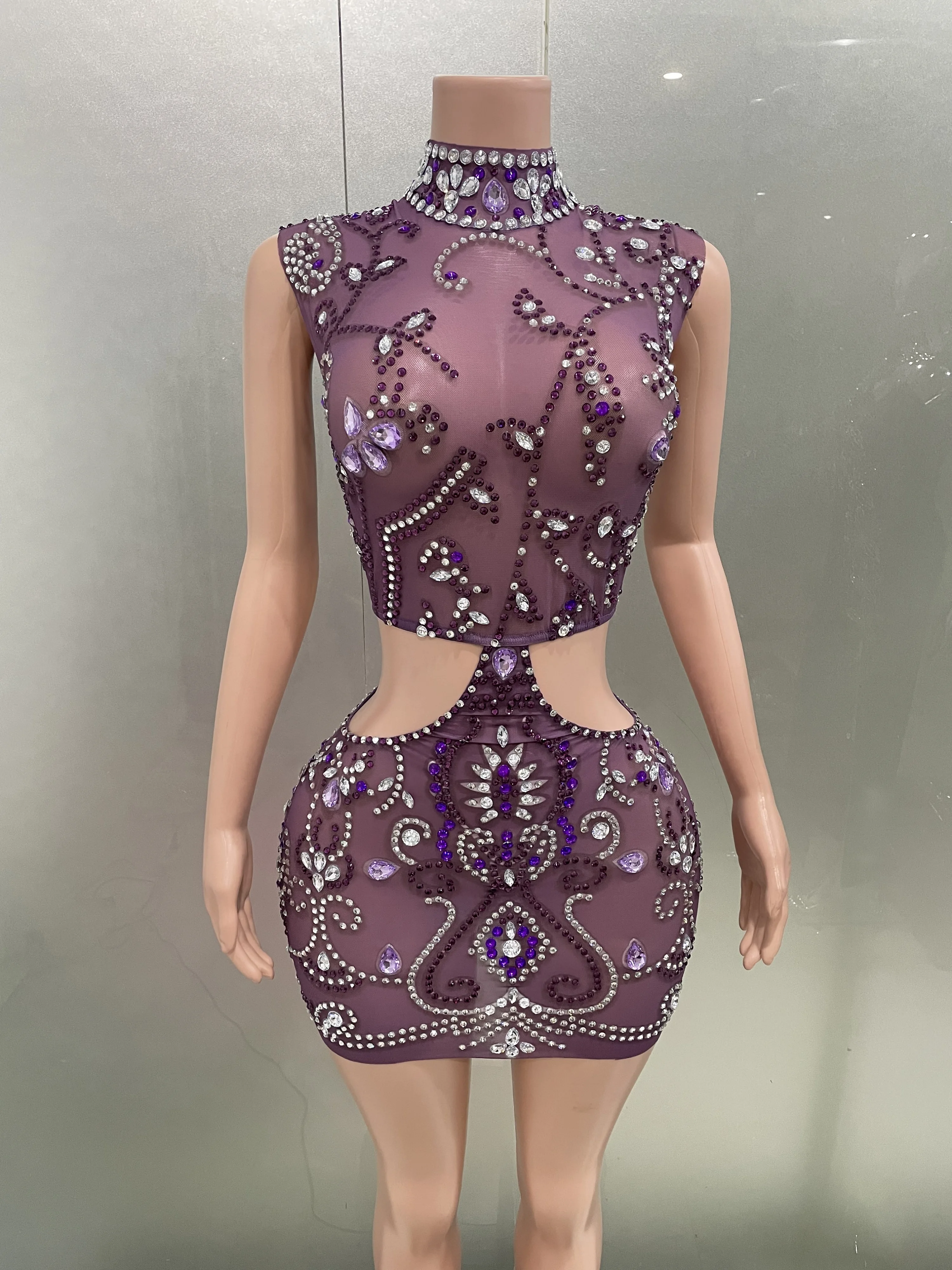 Luxury Sparkly Rhinestones Purple Sleeveless Waist Hollow Sexy Dress Female Birthday Celebrate Singer Stage Photoshoot Outfit