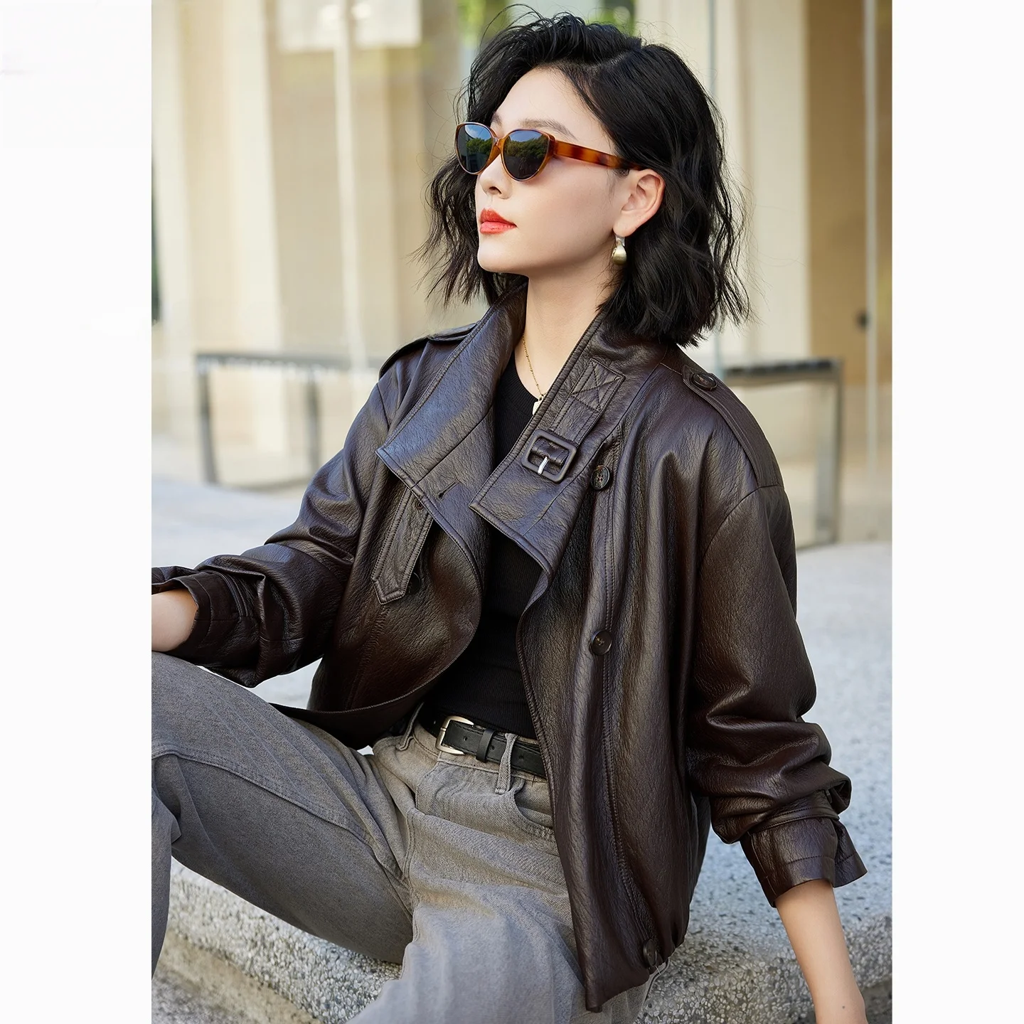 クールなPUレザーのジャケット、レディーススタンドカラー、秋の新作、ヴィンテージ風レザージャケット、小さいサイズ、ファッショナブルな通勤スタイル