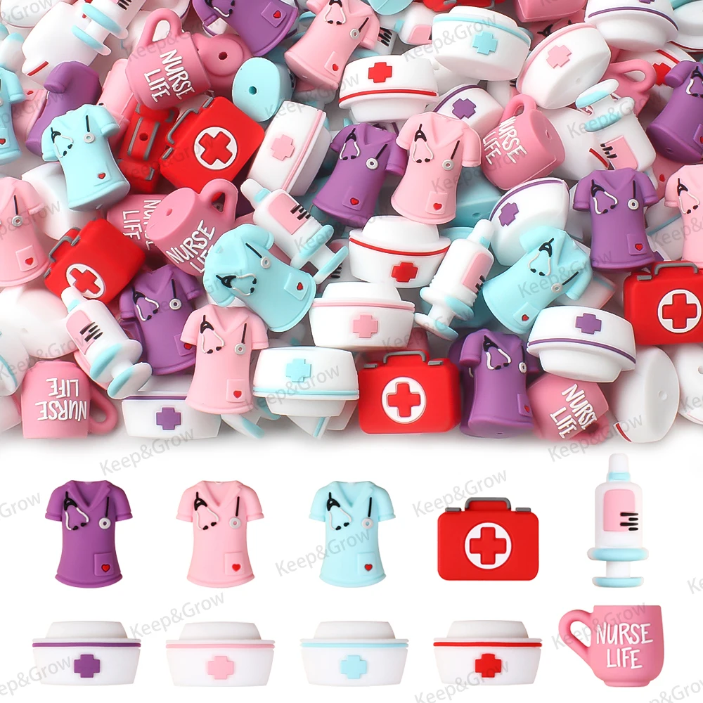 5/20/50pcs Nurses Uniforms Silicone Beads Doctor Themed  Focal Beads for Jewelry Making Bracelets DIY Keychain Beaded Pen Decor