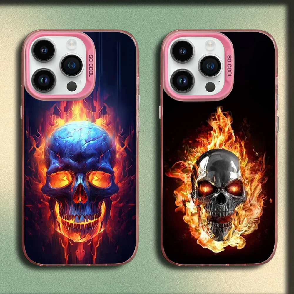 

Cool Ghost Fire Skull Phone Case For iPhone 16,15,14,13,12,11,Mini,Pro,MAX Pink Matte Silicone Cover