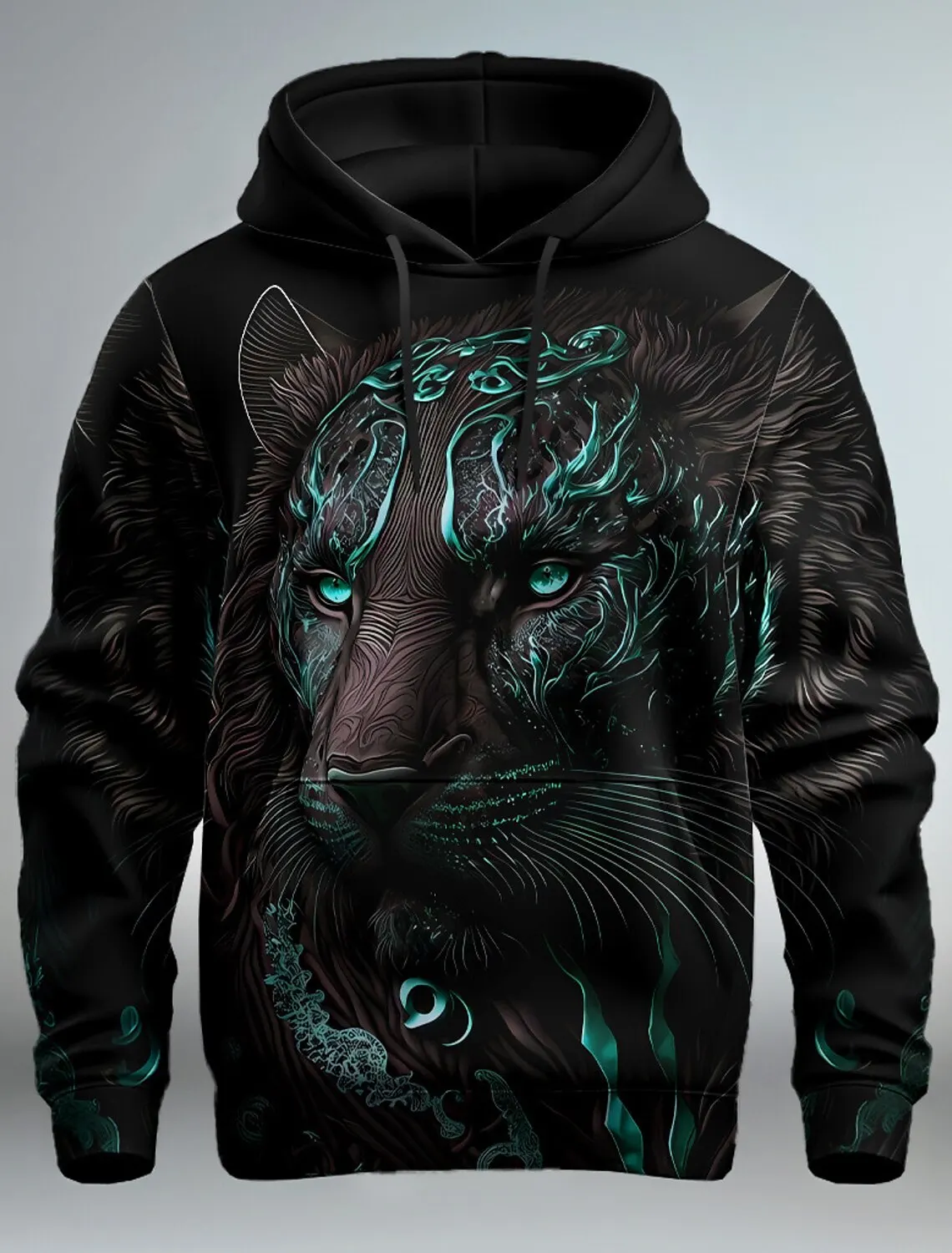 سويت شيرت بقلنسوة بطباعة ثلاثية الأبعاد للرجال من Lion Graphic بأكمام طويلة وقلنسوة وجيب أمامي وقلنسوة للربيع