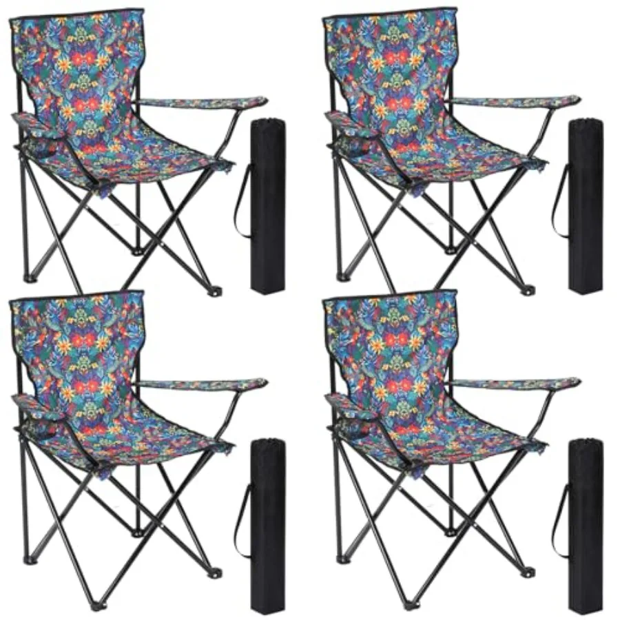 

4 Pcs Folding Camping Chairs with Tropical Pattern Portable Outdoor Chairs with Armrests and Carry Bags Travel Lightweight Inst
