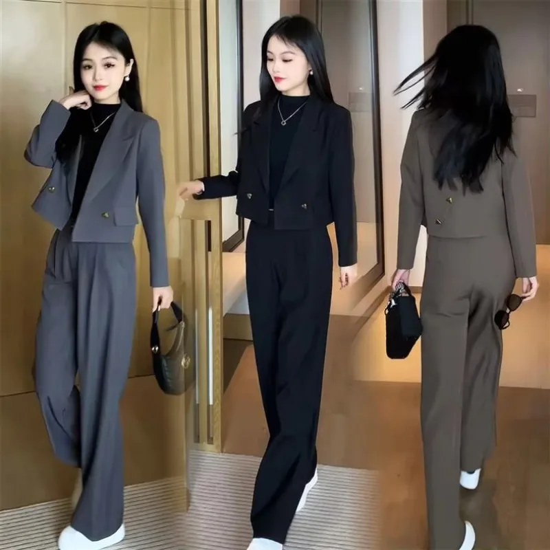 Lnsozkdg Spring Autumn Retro Casual Short Blazer Coat Wide-leg Pant Suit Commuter Solid Single-breasted Suit Pants Two-piece Set