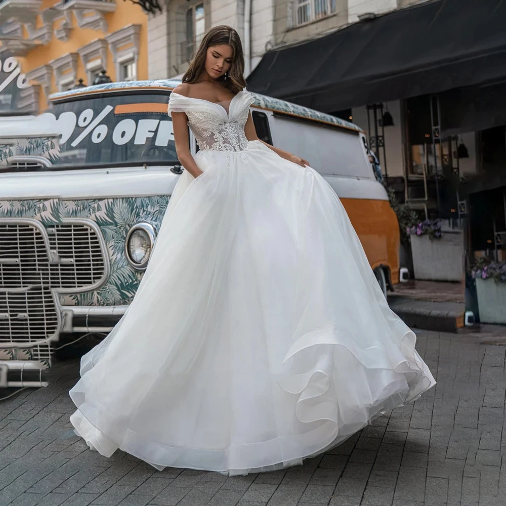 Vestidos De Novia elegantes con apliques De encaje, Vestidos De Novia De princesa, línea A escalonada De tul, hombros descubiertos, 2024