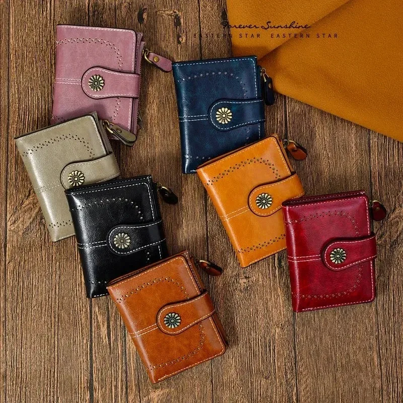 Women Vintage Wallets Greased Leather Flower Ladies Zipper Coin Purse Female Small Clutch Money Bag Credit Card Holder Wallet