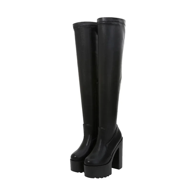 Stivali da donna primavera autunno piattaforma sopra il ginocchio PU 14CM tacchi quadrati Super alti moda scarpe eleganti da sera Mature