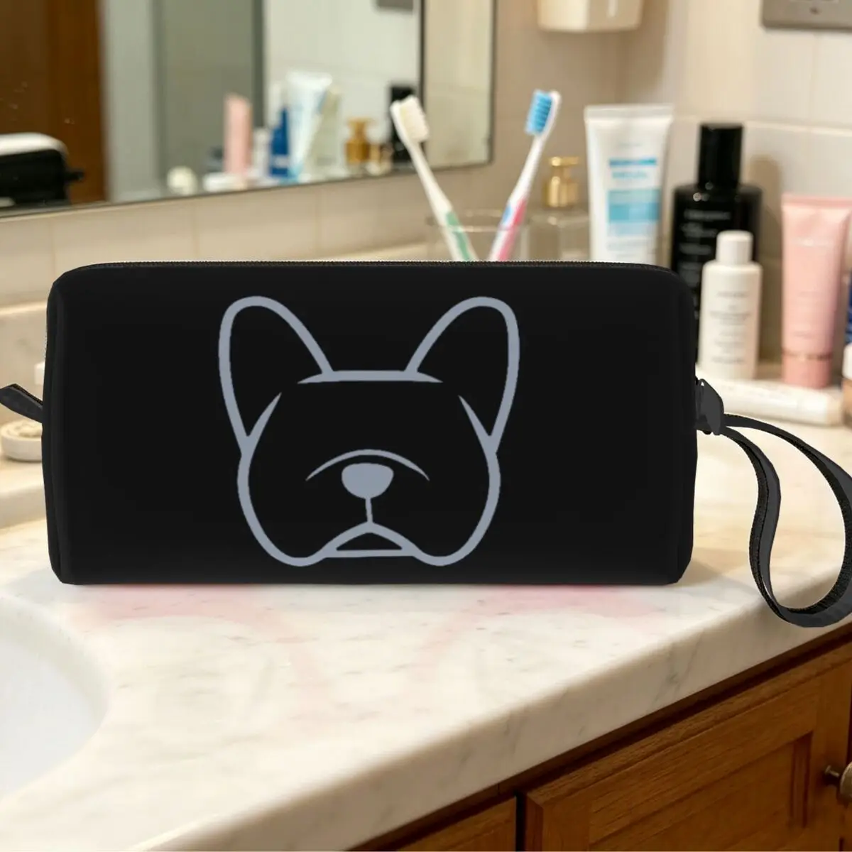 French Bulldog Face Silhouette In Light Gray On Navy Makeup Bag Cosmetic Organizer Toiletry Cosmetic Bag for Women Beauty Travel