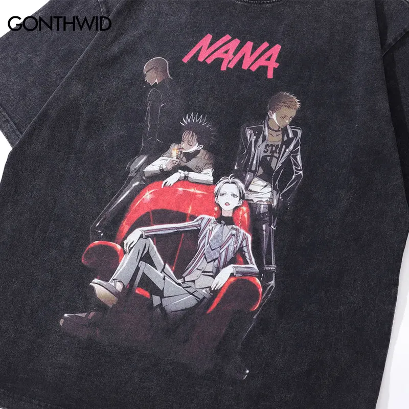 Vintage Black T-Shirt Harajuku Japanese Anime Cartoon Comics Graphic Print Washed Oversized Tshirt Men Hip Hop Cotton Loose Tops