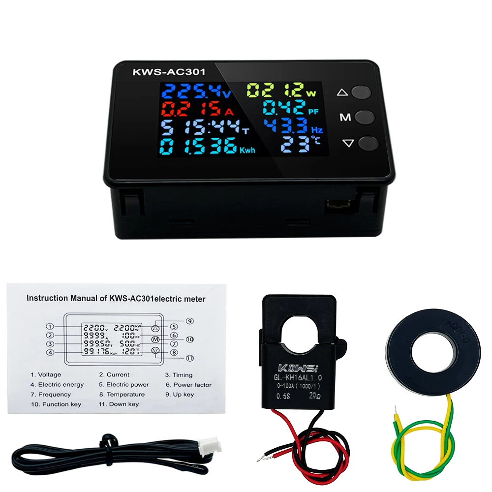 KWS-AC301 التيار المتناوب 50-300 فولت 0-20/100A الطاقة الرقمية الفولتميتر مقياس التيار الكهربائي الجهد Wattmeter كيلووات ساعة درجة الحرارة التيار المتناوب مقياس الكهرباء