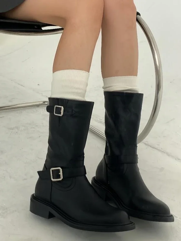 

Черные женские полувысокие сапоги до середины икры с круглым носком в готическом стиле New Rock Pu, женские полувысокие сапоги 2025 Y2k, демисезонная распродажа, рабочие ботинки по акции