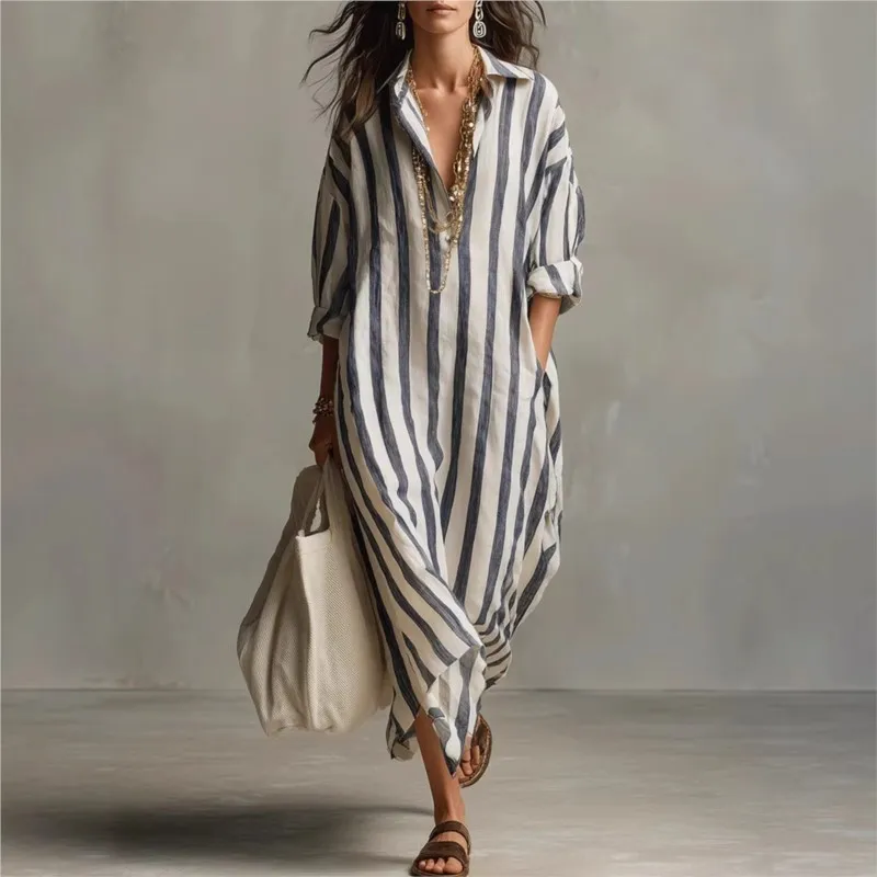 

Элегантное льняное дышащее платье с отложным воротником, модное повседневное свободное платье с карманами, летнее полосатое платье-рубашка с длинным рукавом для женщин