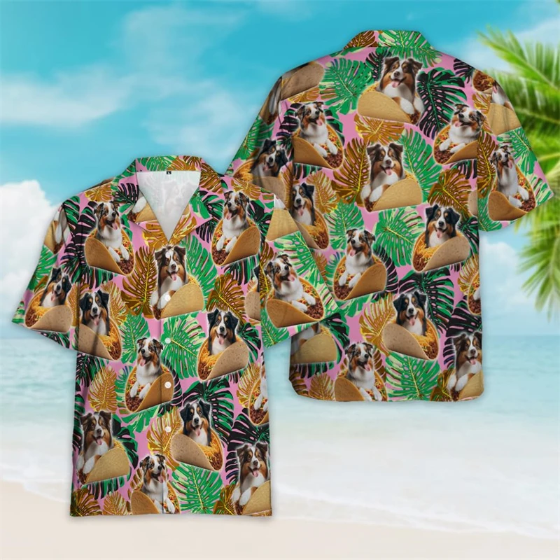 Tropical Dog Taco Graphic Beach Shirts Hip Hop Button Clothing Fashion Beagle Pug Short Sleeve Hawaiian Yorkshire Terrier Shirts