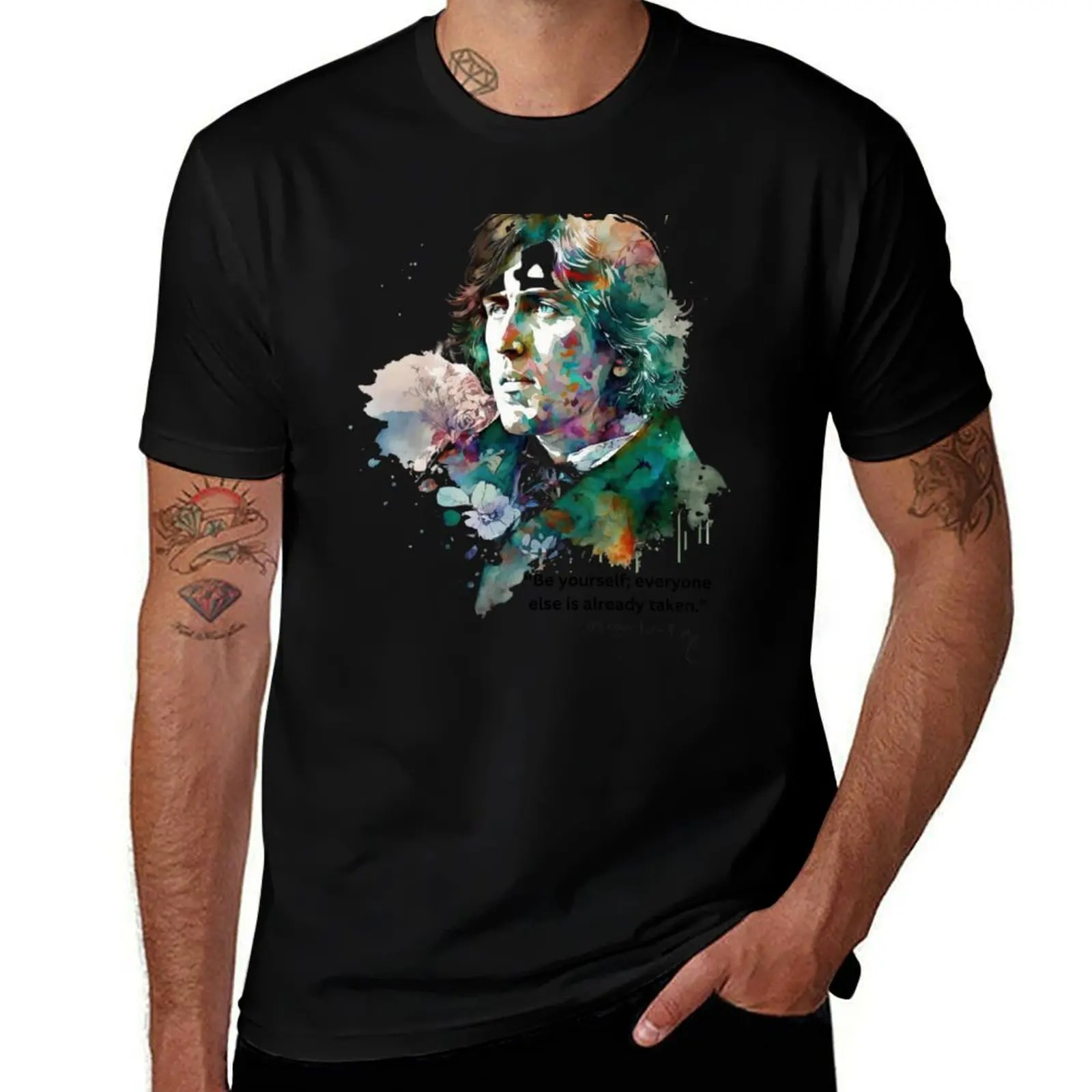 

Watercolor Portrait of Oscar Wilde Irish Poet & Author in Rainbow Colors T-Shirt Anime t-shirt custom t shirt mens clothing
