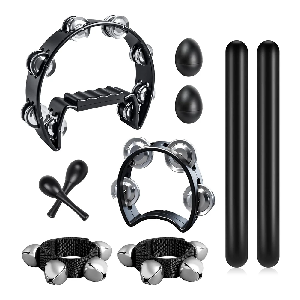 AEF6-10 Piezas de Pandereta de Media Luna, Palitos de Ritmo, Campanas de Pulsera, Agitadores de Huevo, Martillos de Arena, Instrumento Musical