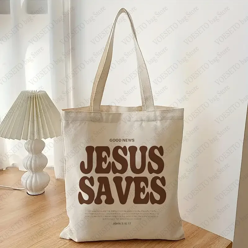 Cood News Jesus Saves Pattern Canvas Shoulder Tote Bags Casual Shopping Tote Christ Religion Christian Faith Shopper HandBag