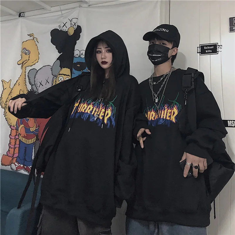 Свитер унисекс Корейская версия Instagram темные парные свободные свитера с капюшоном свитера с принтом пламени Y2k одежда пуловер женский