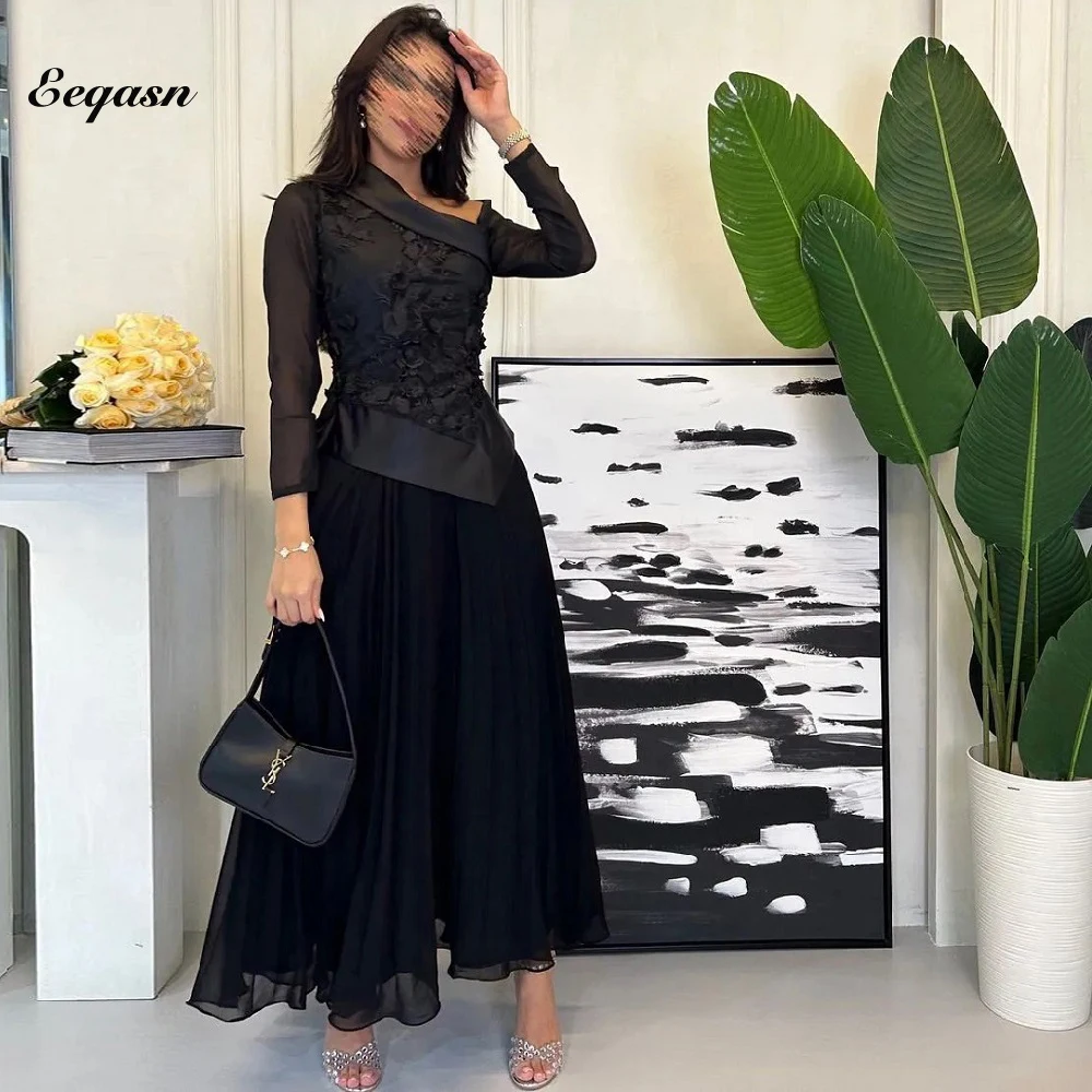 

Black Appliques Evening Dresses Long Sleeves A-Line Chiffon Satin Saudi Arabia Women Prom Dress Party Gown فساتين مناسبة رسمية