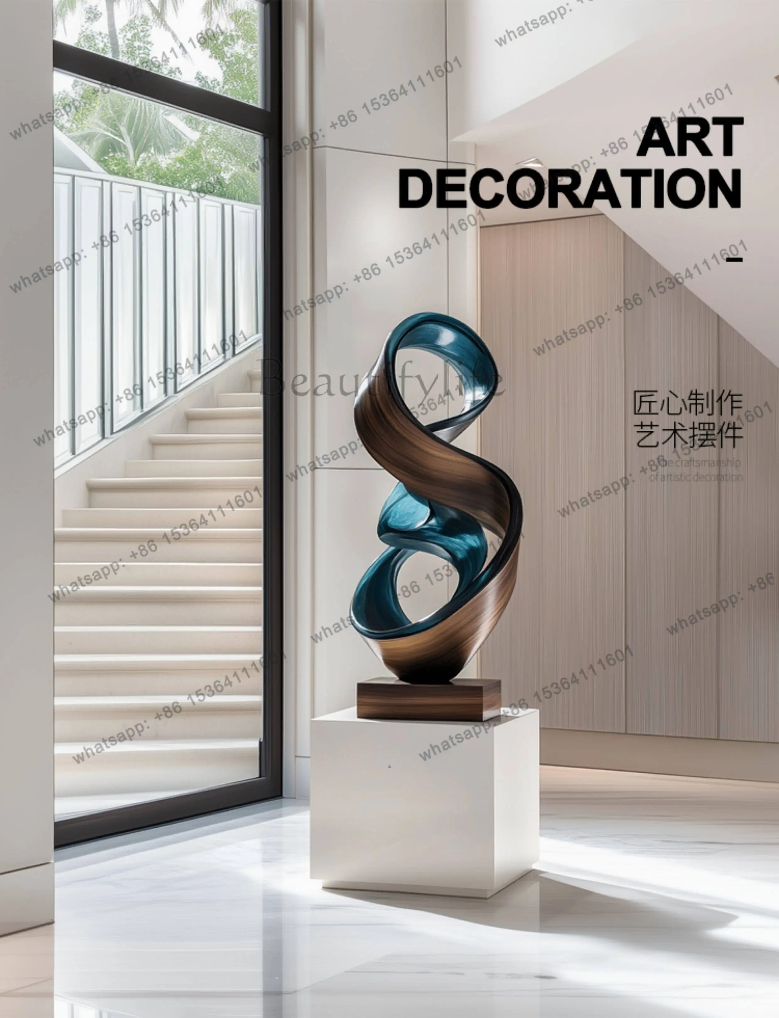 Modern light luxury hotel lobby sales office entrance decoration floor-to-ceiling large ornament abstract solid wood sculpture