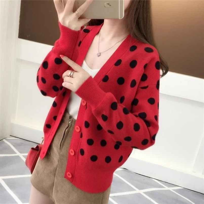 2023 autunno/inverno nuove donne a pois moda maglieria versione coreana maglione Slim Fit stile accademia cappotto Cardigan corto