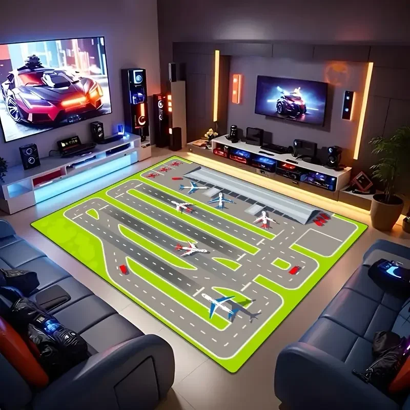 Kids Play Mat Area Rugs Airport Landing Strips Top View Aircraft and Airplane Arrival 3D Rug Kids Bedroom Playroom Nursery Decor