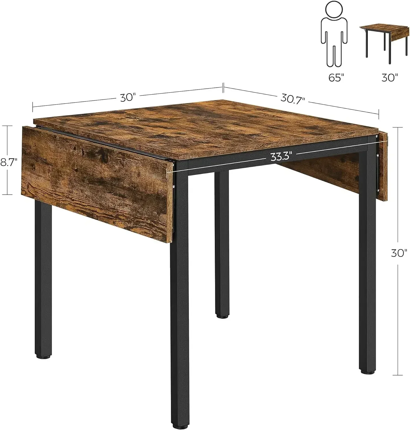 Folding Dining Table, Drop Leaf Extendable, for Small Spaces, Seats 2-4 People, Industrial, 33.3 x 30.7 x 30 Inches,Brow