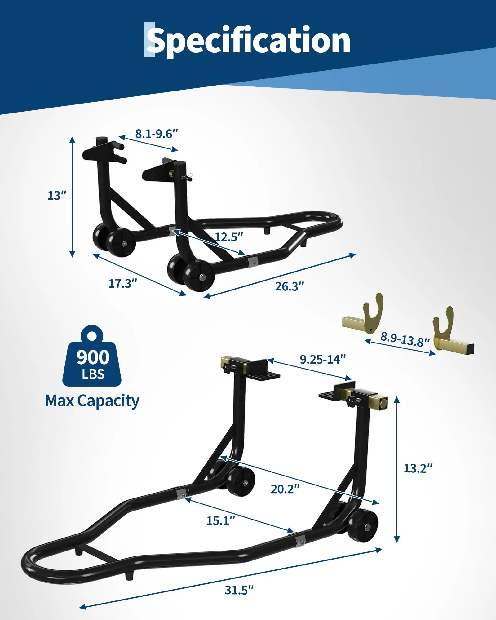 Universal Motorcycle Paddock Stand Front Rear Lift 900LB, Adjustable U-Shaped & L Forkhead For Tire Service Home Garage