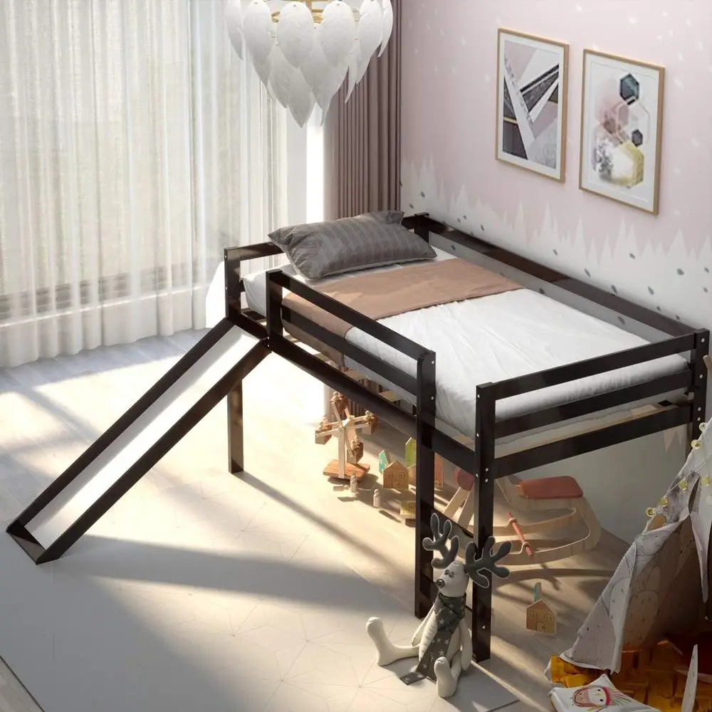 Twin Lot Bunk Bed, Solid Wood Kids Bed w/Slide, Built-in Ladder, Guard Rail & Storage Space, Low Bunk Bed e or Boys Girls Bedroo