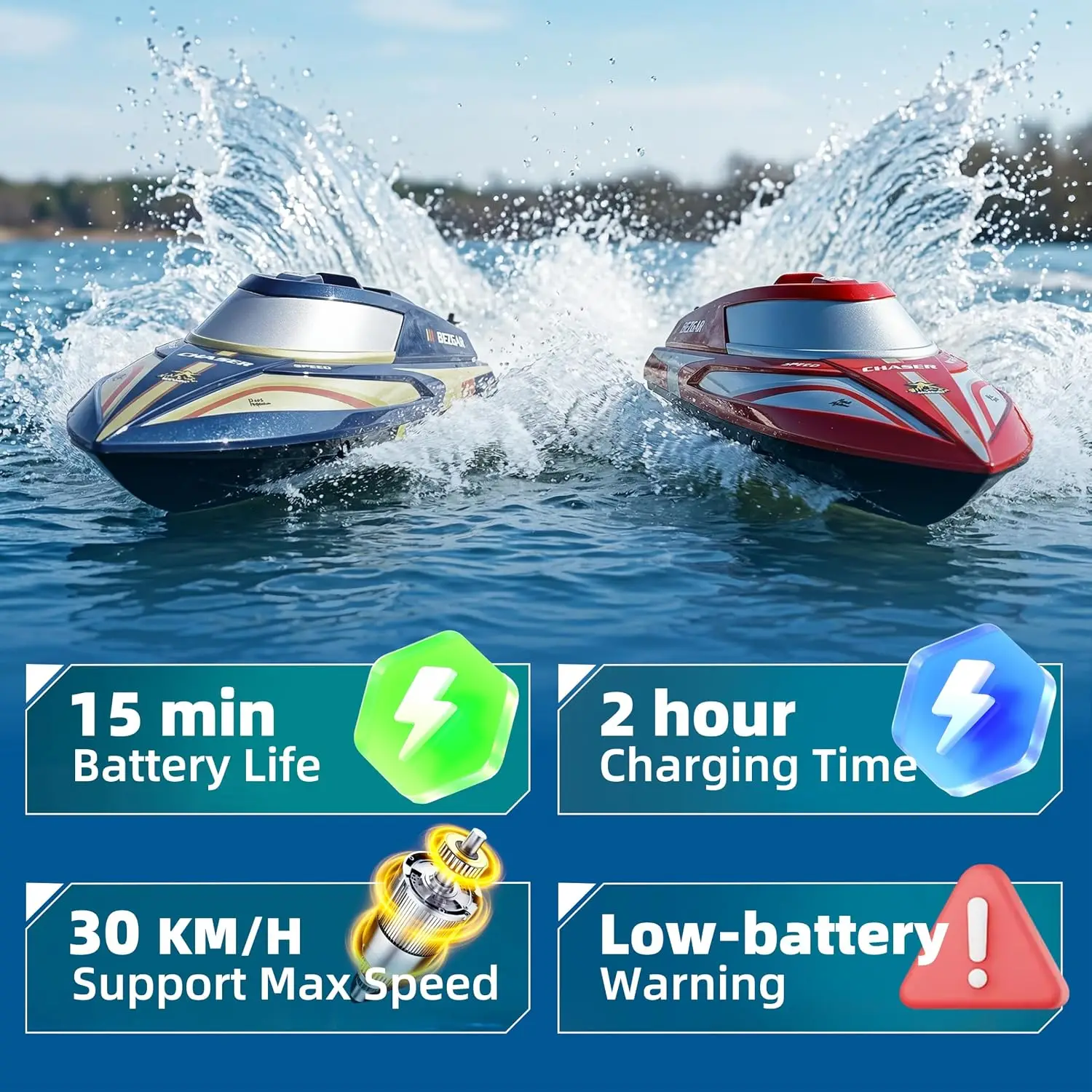 2-Pack 12-Inch Fast Remote Control Boat with Carrying Case - Auto-Flip and 8-Shape Demonstration for Pool, Lake, Ocean, Saltwater; Summer Toy for Kids Ages 8+ and Adults, Red & Blue